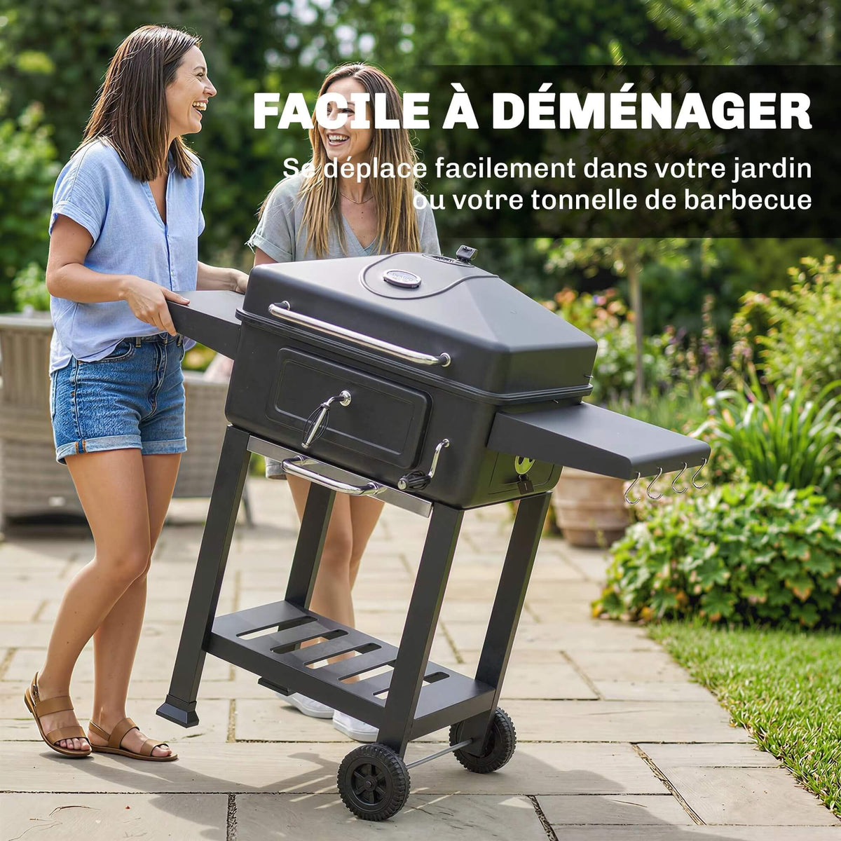 Barbecue à Charbon avec Couvercle et Chariot – Grille XXL, 112 cm, Noir