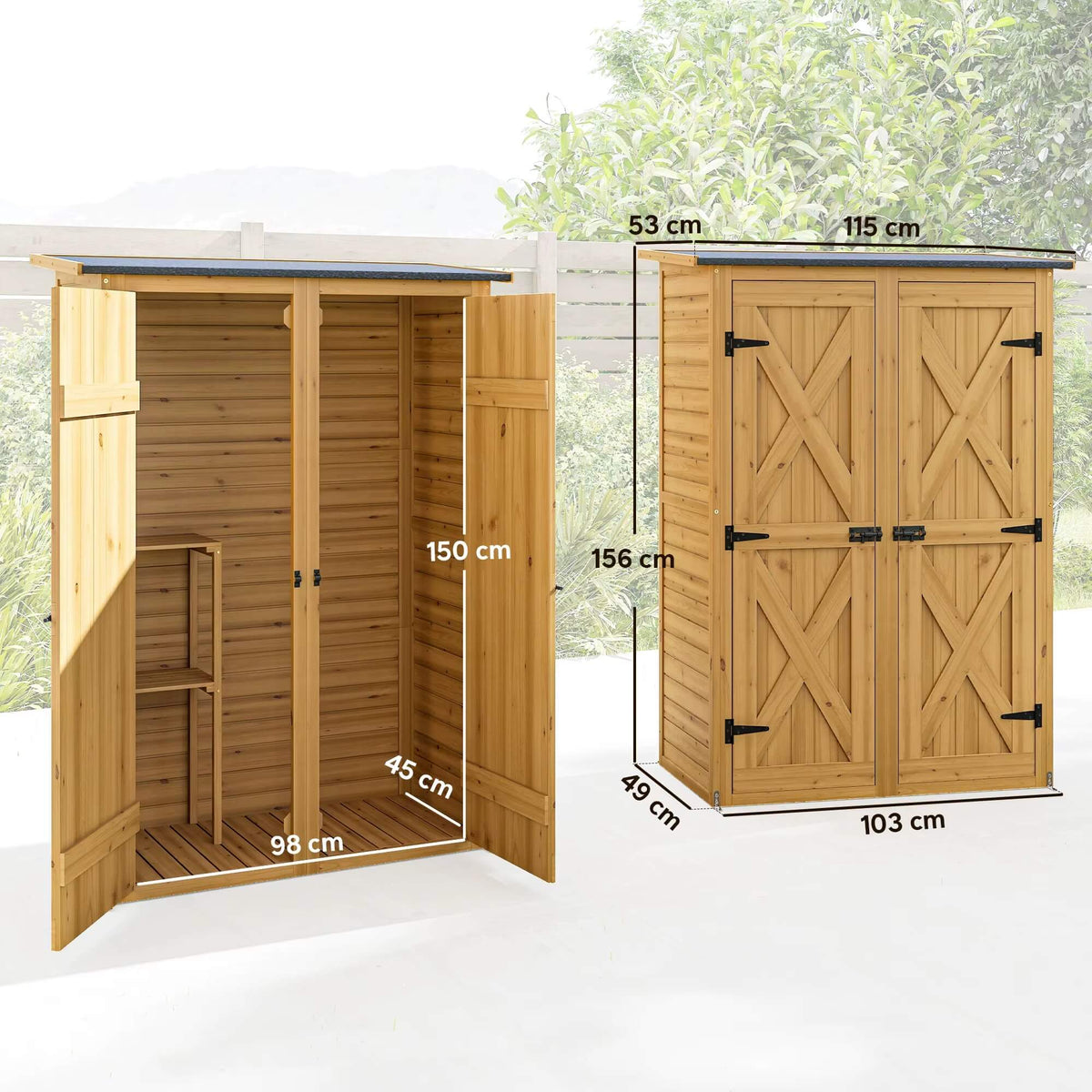 Abri de Jardin en Bois Marron avec 2 Étagères – Armoire de Rangement pour Outils et Accessoires de Jardinage