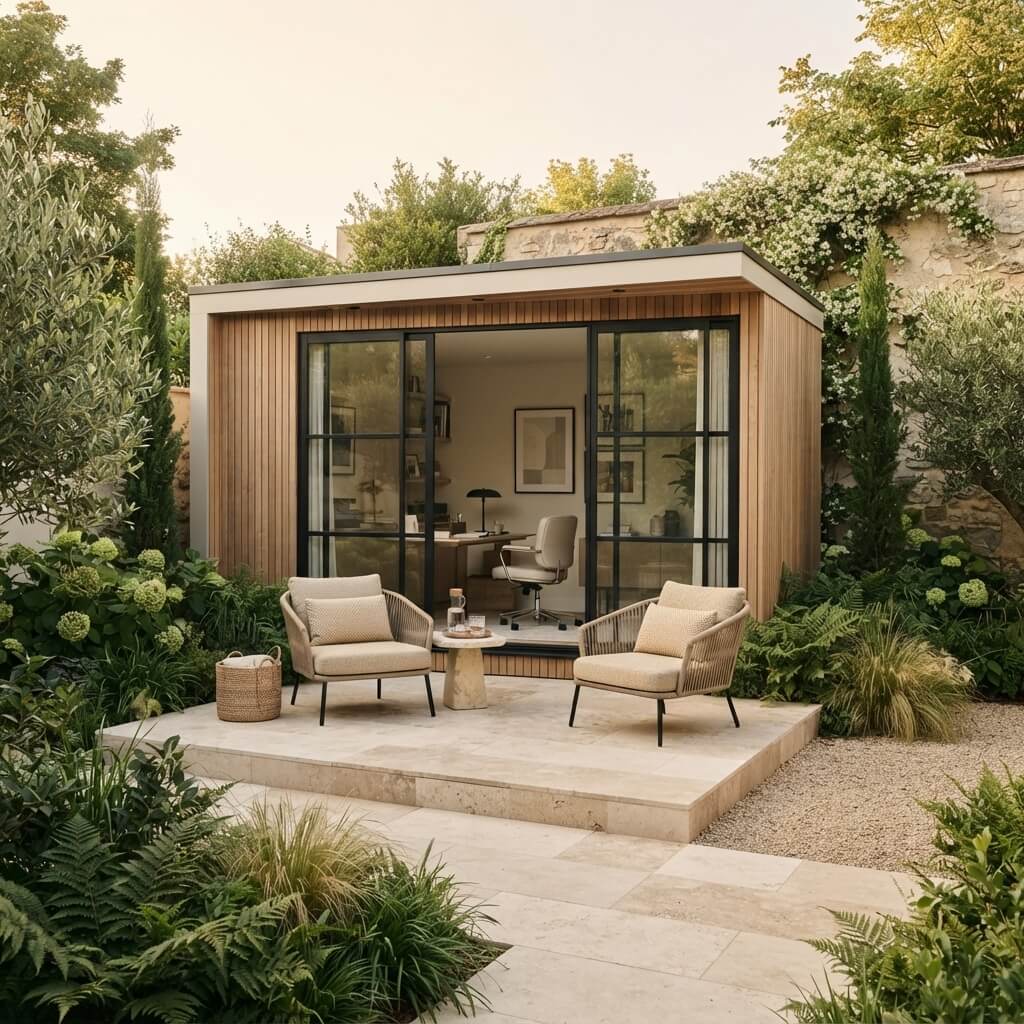 Abri de jardin en bois avec salon d'extérieur