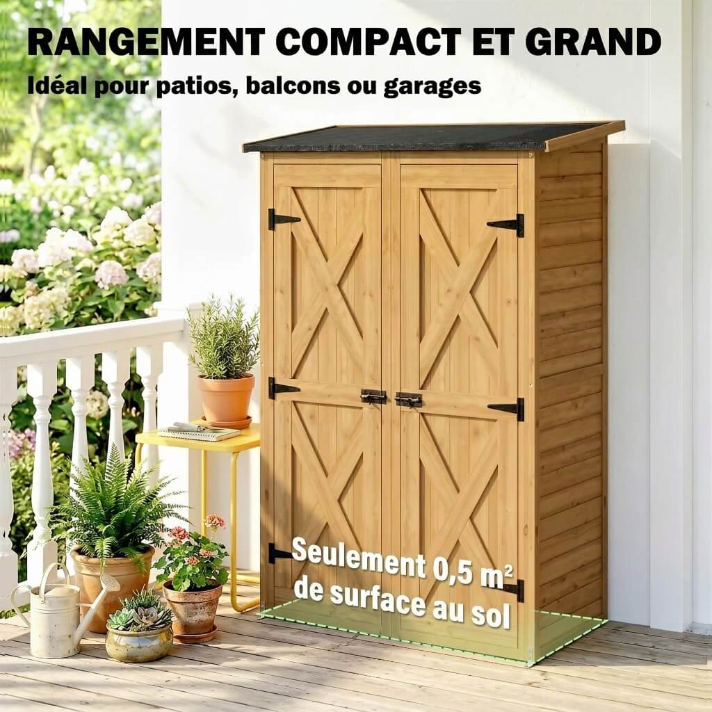 Abri de Jardin en Bois Marron avec 2 Étagères – Armoire de Rangement pour Outils et Accessoires de Jardinage