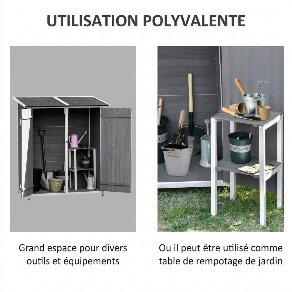Abri de Jardin en Bois de Sapin Gris et Blanc – Double Porte, Toit en Asphalte, 139 × 75 × 160 cm