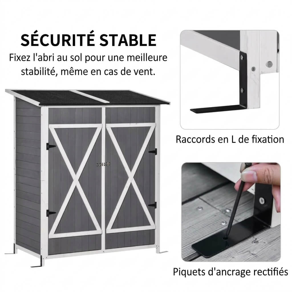 Abri de Jardin en Bois de Sapin Gris et Blanc – Double Porte, Toit en Asphalte, 139 × 75 × 160 cm