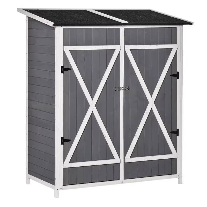 Abri de Jardin en Bois de Sapin Gris et Blanc – Double Porte, Toit en Asphalte, 139 × 75 × 160 cm