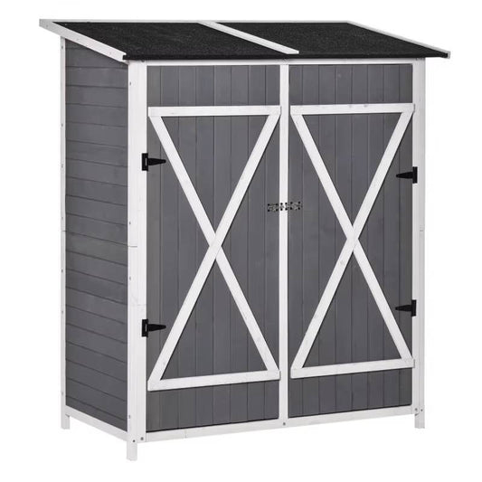 Abri de Jardin en Bois de Sapin Gris et Blanc – Double Porte, Toit en Asphalte, 139 × 75 × 160 cm