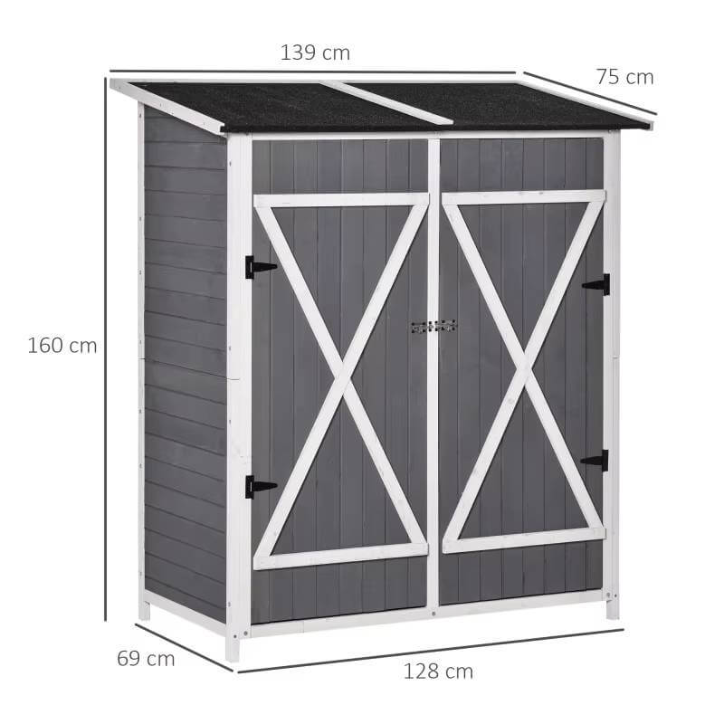 Abri de Jardin en Bois de Sapin Gris et Blanc – Double Porte, Toit en Asphalte, 139 × 75 × 160 cm
