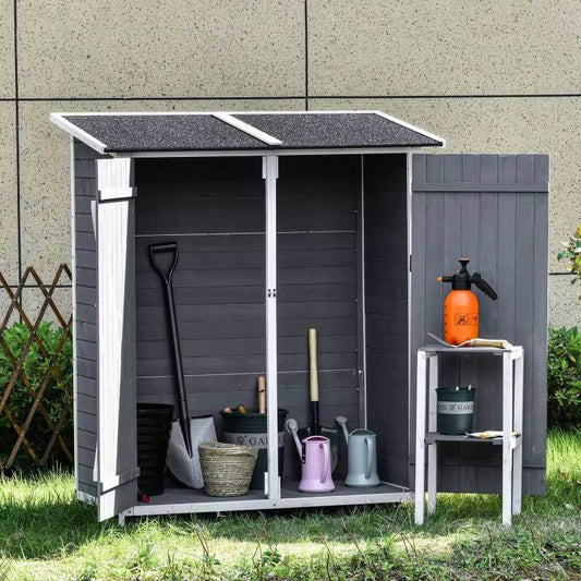 Abri de Jardin en Bois de Sapin Gris et Blanc – Double Porte, Toit en Asphalte, 139 × 75 × 160 cm