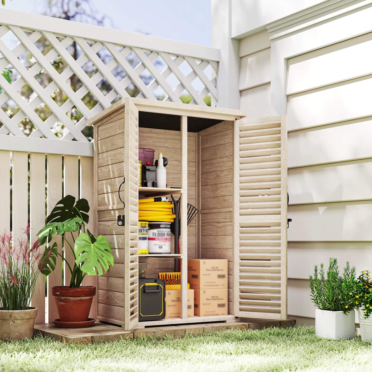 Armoire de Jardin en Bois avec 2 Étagères et Portes Verrouillables – 75 × 50 × 118 cm