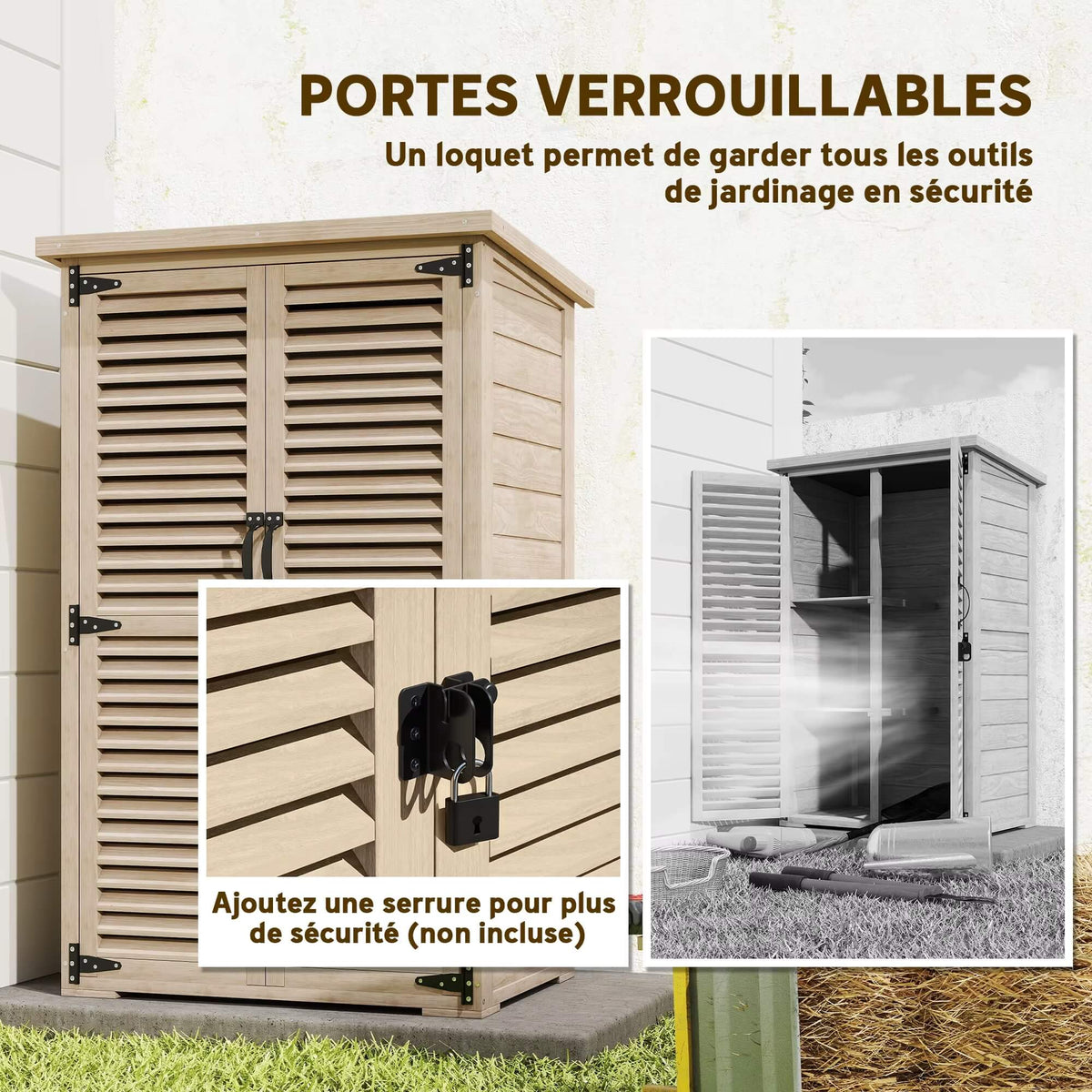 Armoire de Jardin en Bois avec 2 Étagères et Portes Verrouillables – 75 × 50 × 118 cm