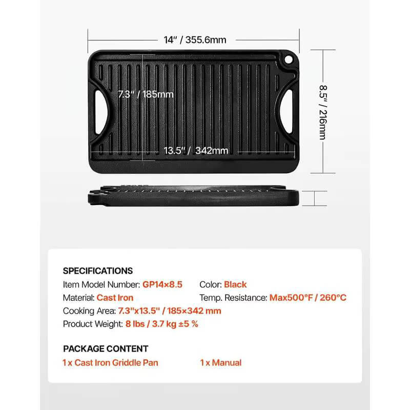 Brasero-Plancha en Fonte pour Barbecue – 18,5 × 34,2 cm, avec Poignée