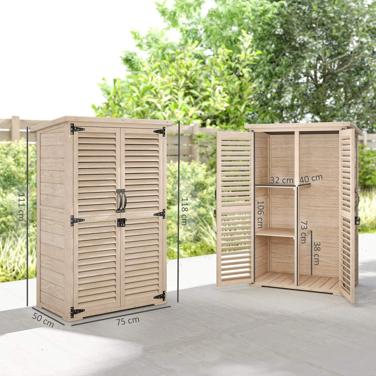 Armoire de Jardin en Bois avec 2 Étagères et Portes Verrouillables – 75 × 50 × 118 cm