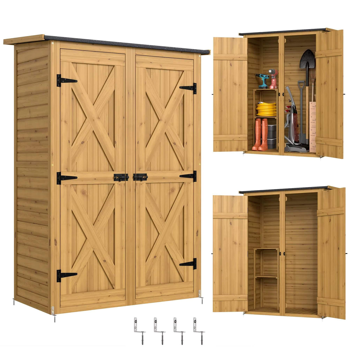 Abri de Jardin en Bois Marron avec 2 Étagères – Armoire de Rangement pour Outils et Accessoires de Jardinage