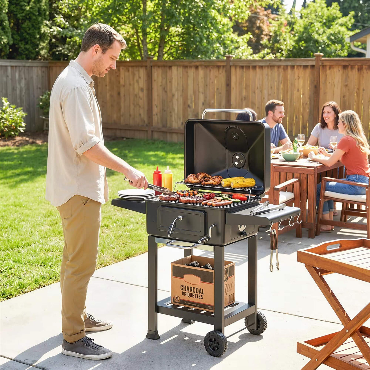 Barbecue à Charbon avec Couvercle et Chariot – Grille XXL, 112 cm, Noir