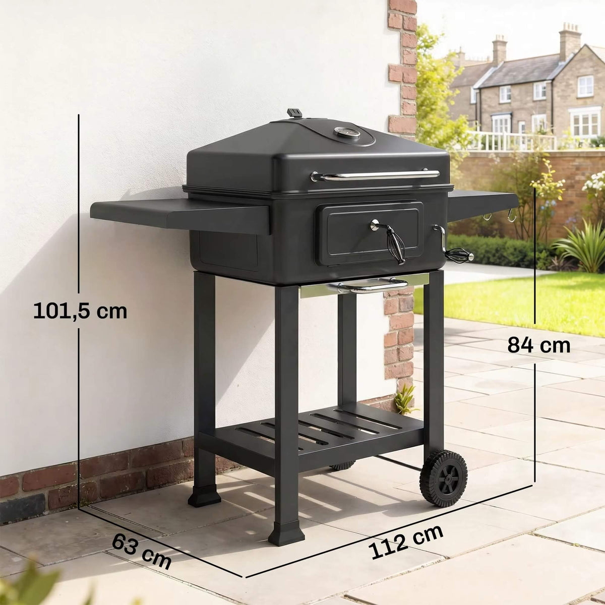 Barbecue à Charbon avec Couvercle et Chariot – Grille XXL, 112 cm, Noir