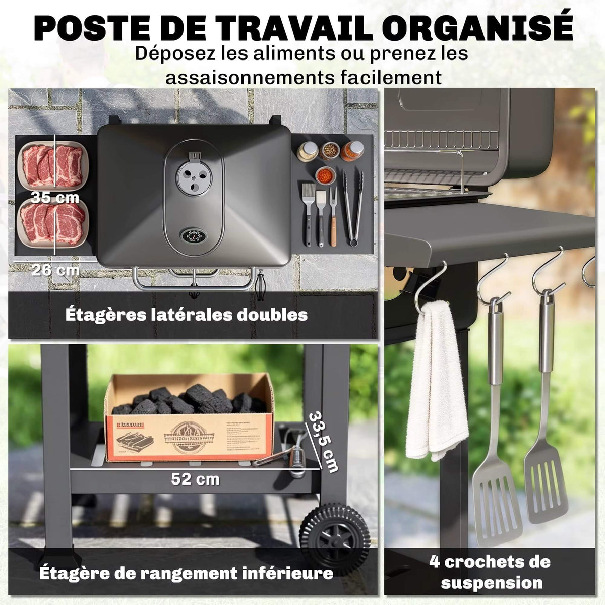 Barbecue à Charbon avec Couvercle et Chariot – Grille XXL, 112 cm, Noir