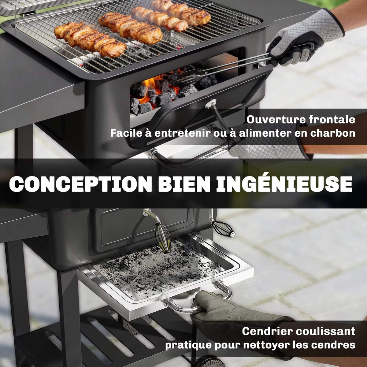 Barbecue à Charbon avec Couvercle et Chariot – Grille XXL, 112 cm, Noir