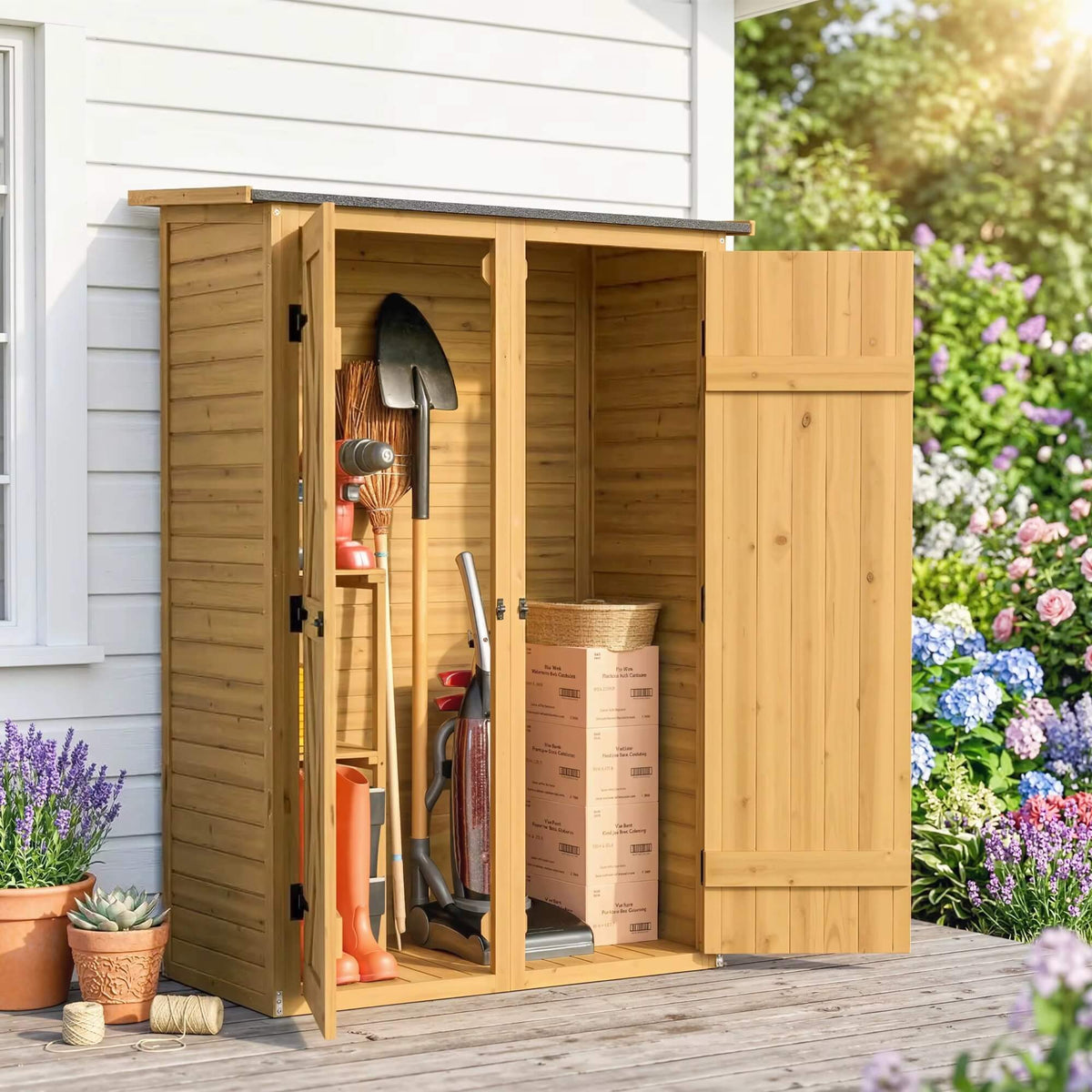 Abri de Jardin en Bois Marron avec 2 Étagères – Armoire de Rangement pour Outils et Accessoires de Jardinage