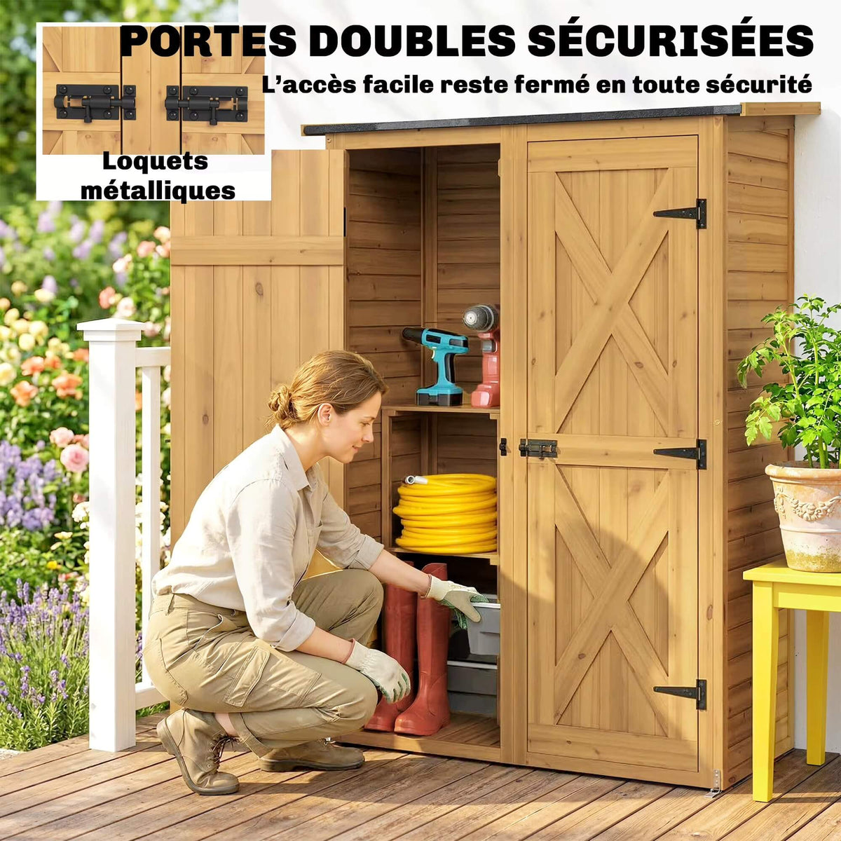 Abri de Jardin en Bois Marron avec 2 Étagères – Armoire de Rangement pour Outils et Accessoires de Jardinage