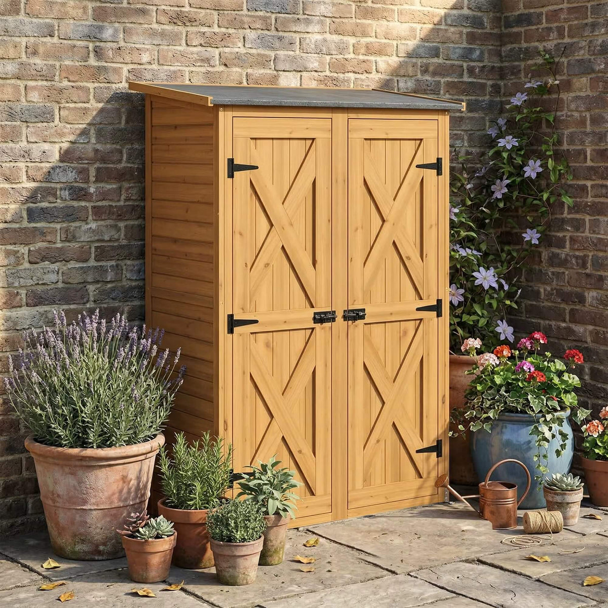 Abri de Jardin en Bois Marron avec 2 Étagères – Armoire de Rangement pour Outils et Accessoires de Jardinage