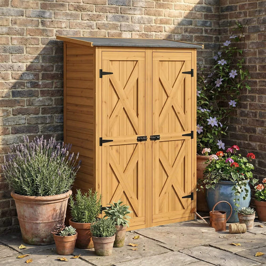Abri de Jardin en Bois Marron avec 2 Étagères – Armoire de Rangement pour Outils et Accessoires de Jardinage