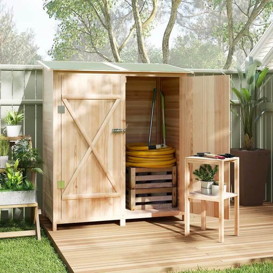 Abri de Jardin en Bois avec Table et Toit en Asphalte – Armoire de Rangement Extérieur, Effet Bois Naturel, 140 × 75 × 157 cm