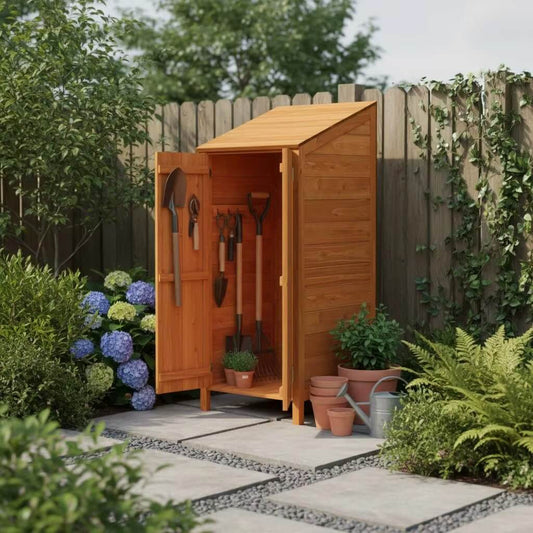 Abri de Jardin en Bois Massif de Sapin Brun – Armoire de Rangement Extérieur Robuste avec Fixation Murale, 55 × 52 × 112 cm