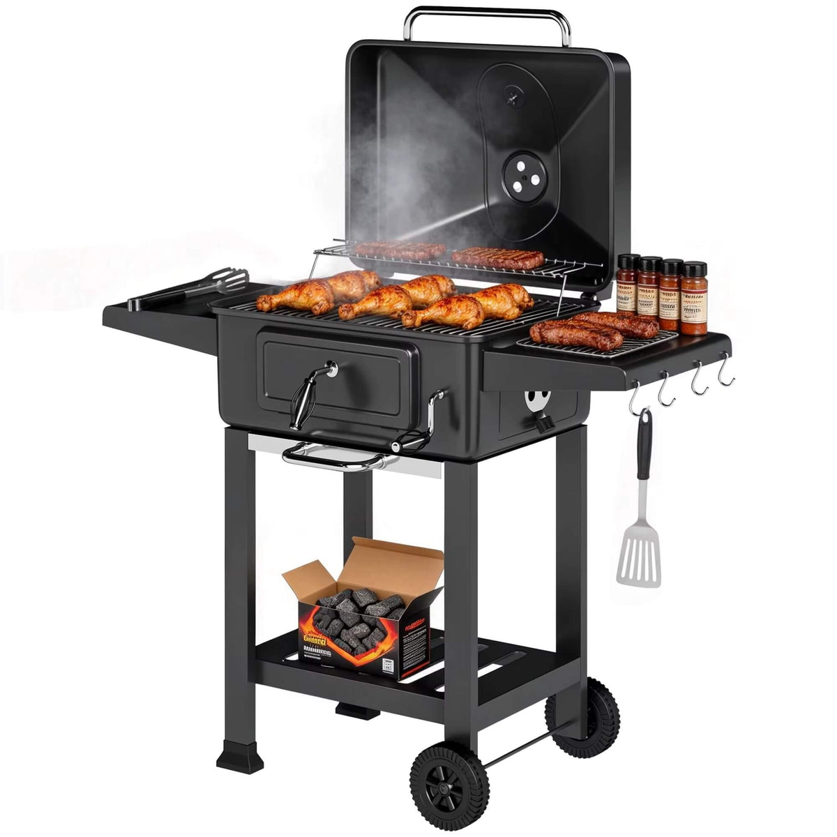 Barbecue à Charbon avec Couvercle et Chariot – Grille XXL, 112 cm, Noir